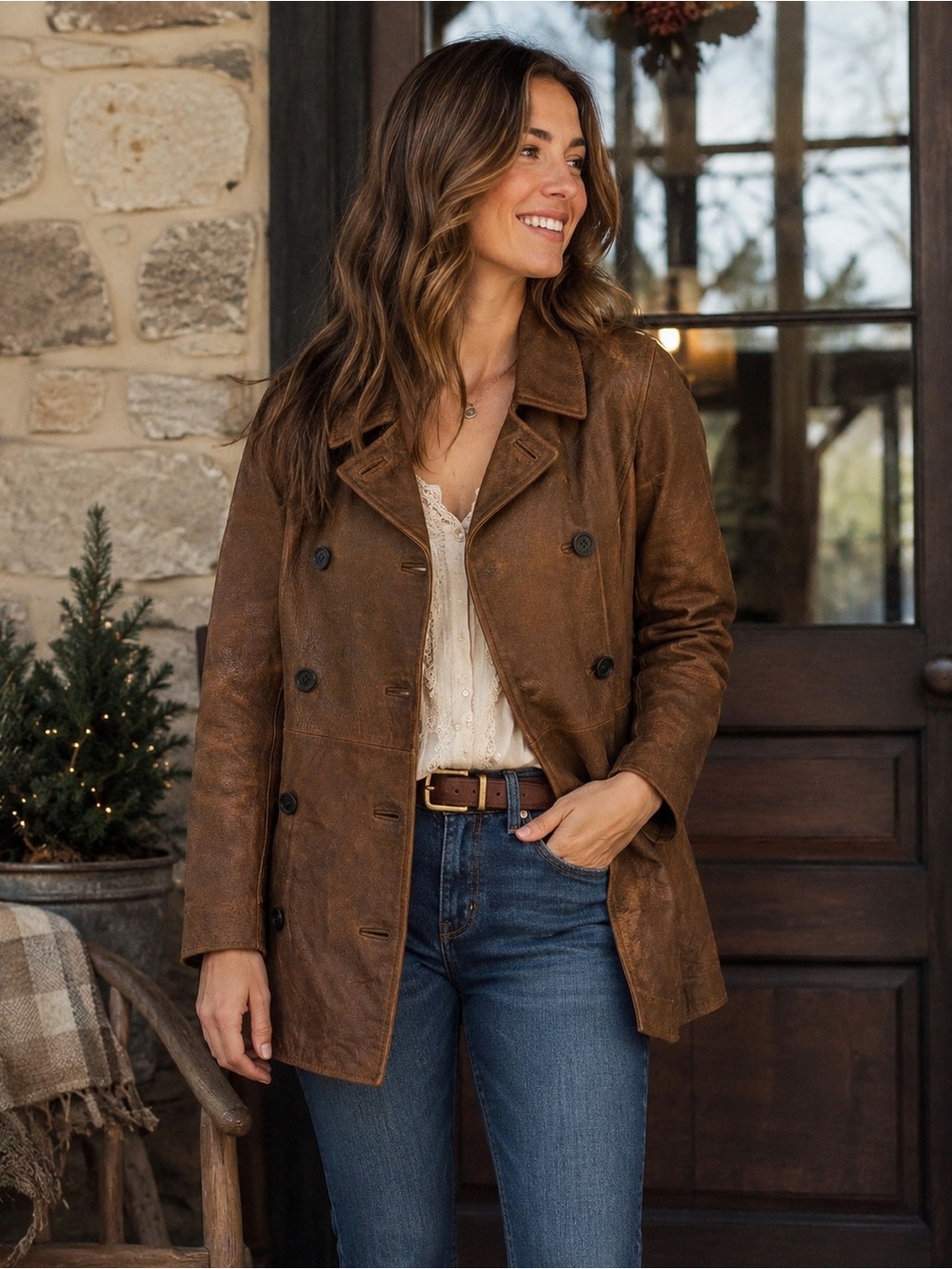 Sundance Genuine Leather Peacoat Jacket Brown Distressed Button Front Size Small